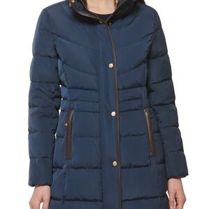 COLE HAAN Chevron Quilted Taffeta Down Coat With Faux Fur, Size L, New w/ tags